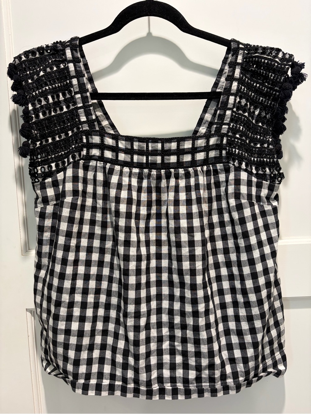 J. Crew Black and White Gingham Embroidered Square-Neck Top